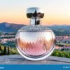 luxury designer perfume bottle scenic landscape background