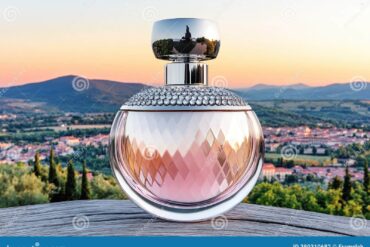 luxury designer perfume bottle scenic landscape background