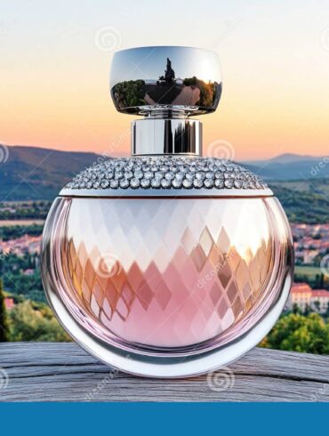 luxury designer perfume bottle scenic landscape background