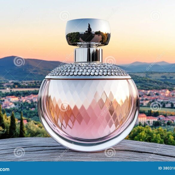 luxury designer perfume bottle scenic landscape background