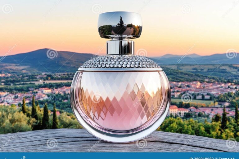 luxury designer perfume bottle scenic landscape background