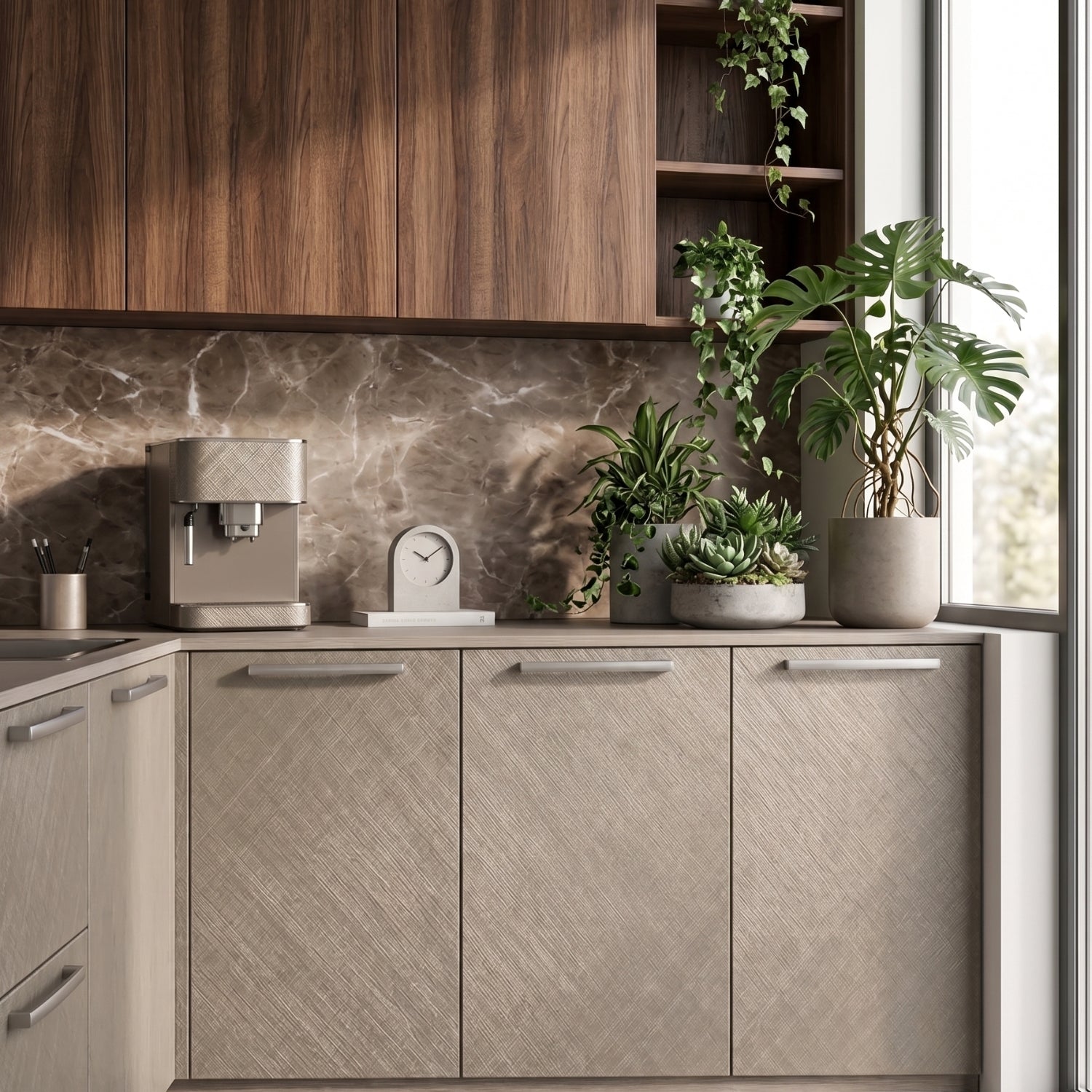 brushed brass details against a muted velvet wall
