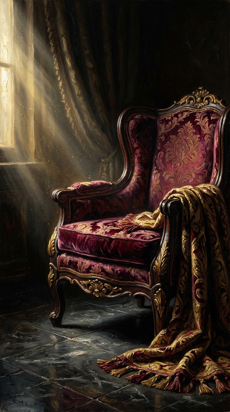 dark burgundy velvet armchair with gilded carved wood