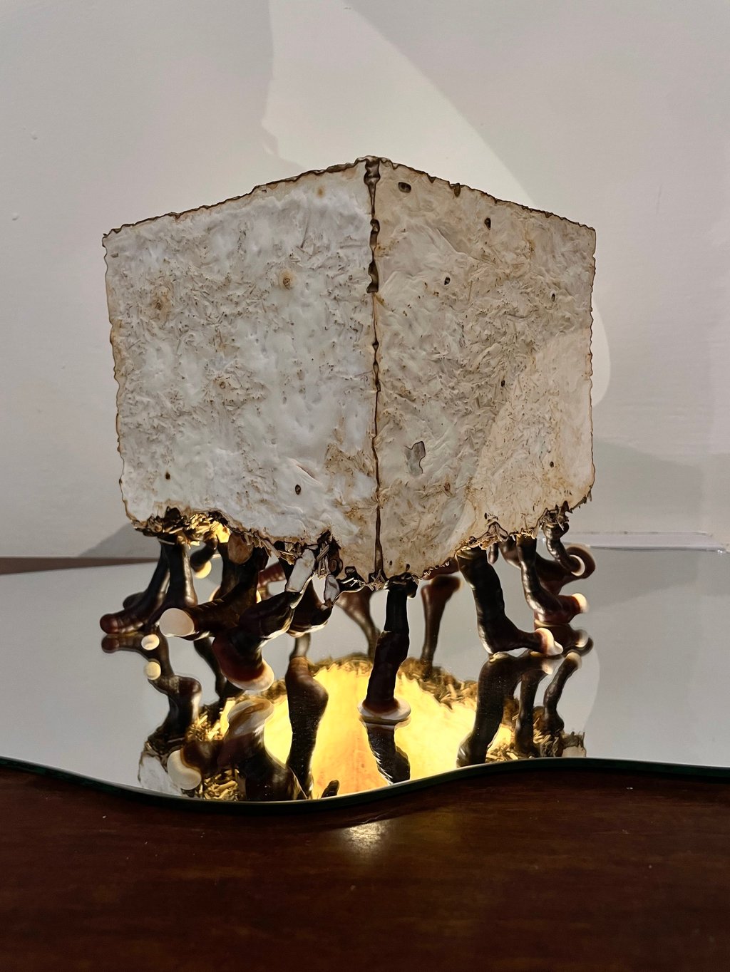 raw mycelium texture with brushed brass accents