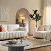 beige boucle sofa solid oak coffee table
