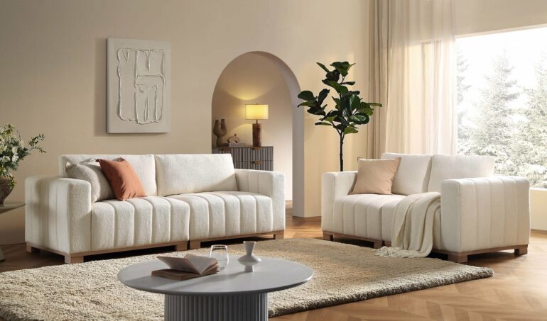 beige boucle sofa solid oak coffee table