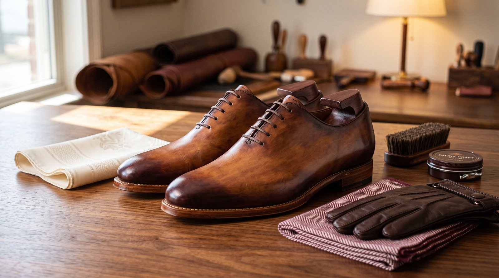Berluti patina leather shoes on thick wool rug