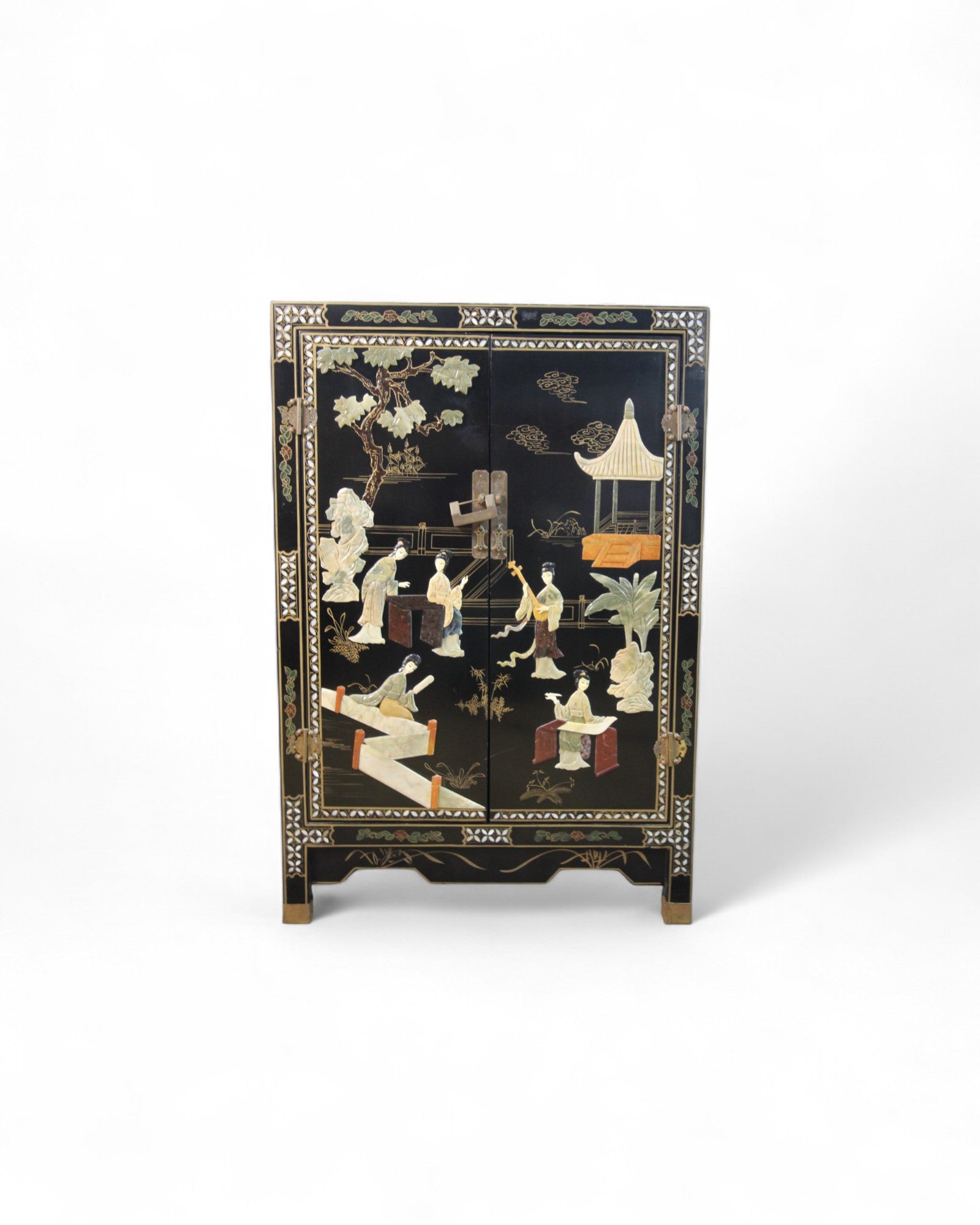 black lacquer sideboard with gold geometric inlay