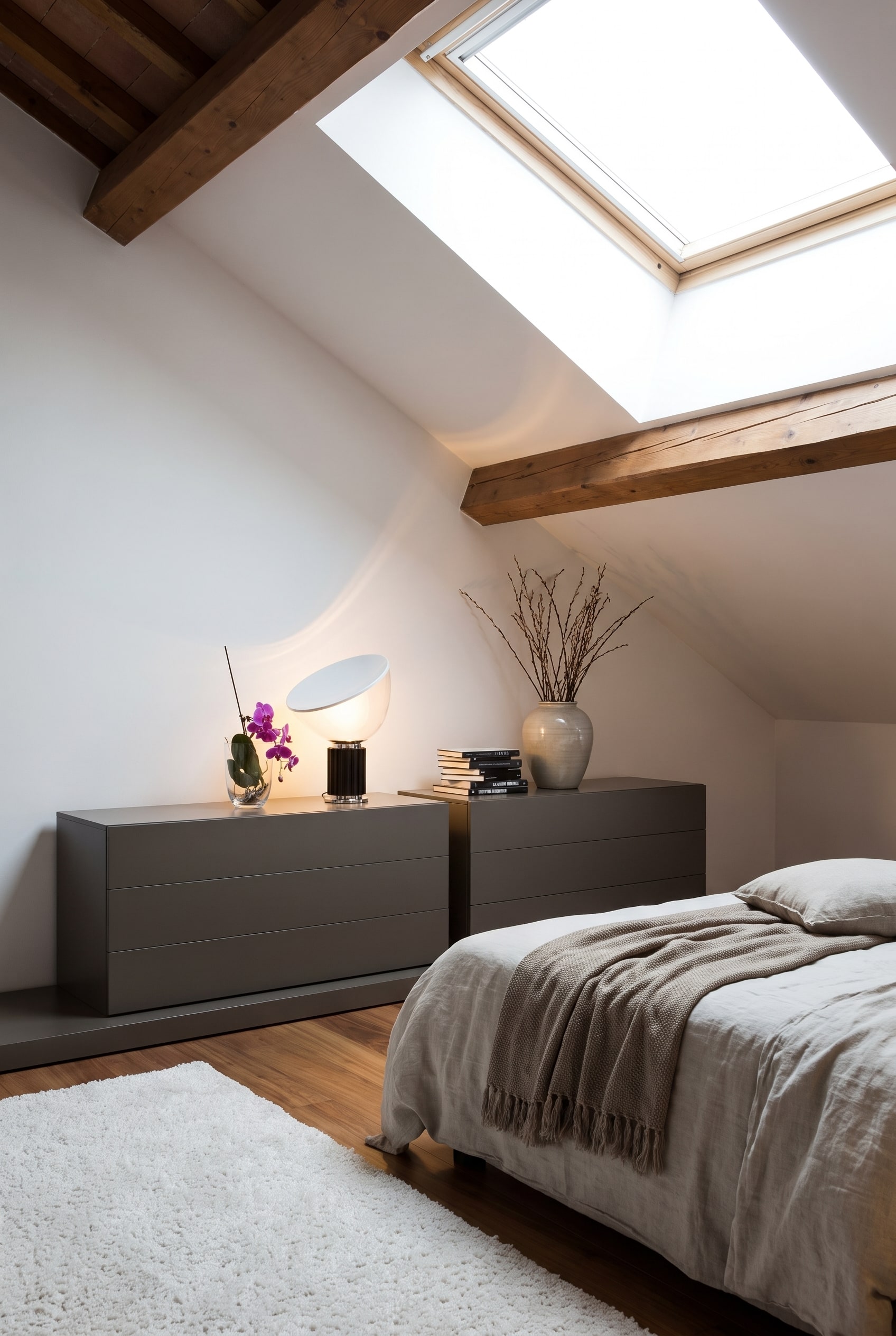 custom oak storage cabinets under sloped ceiling