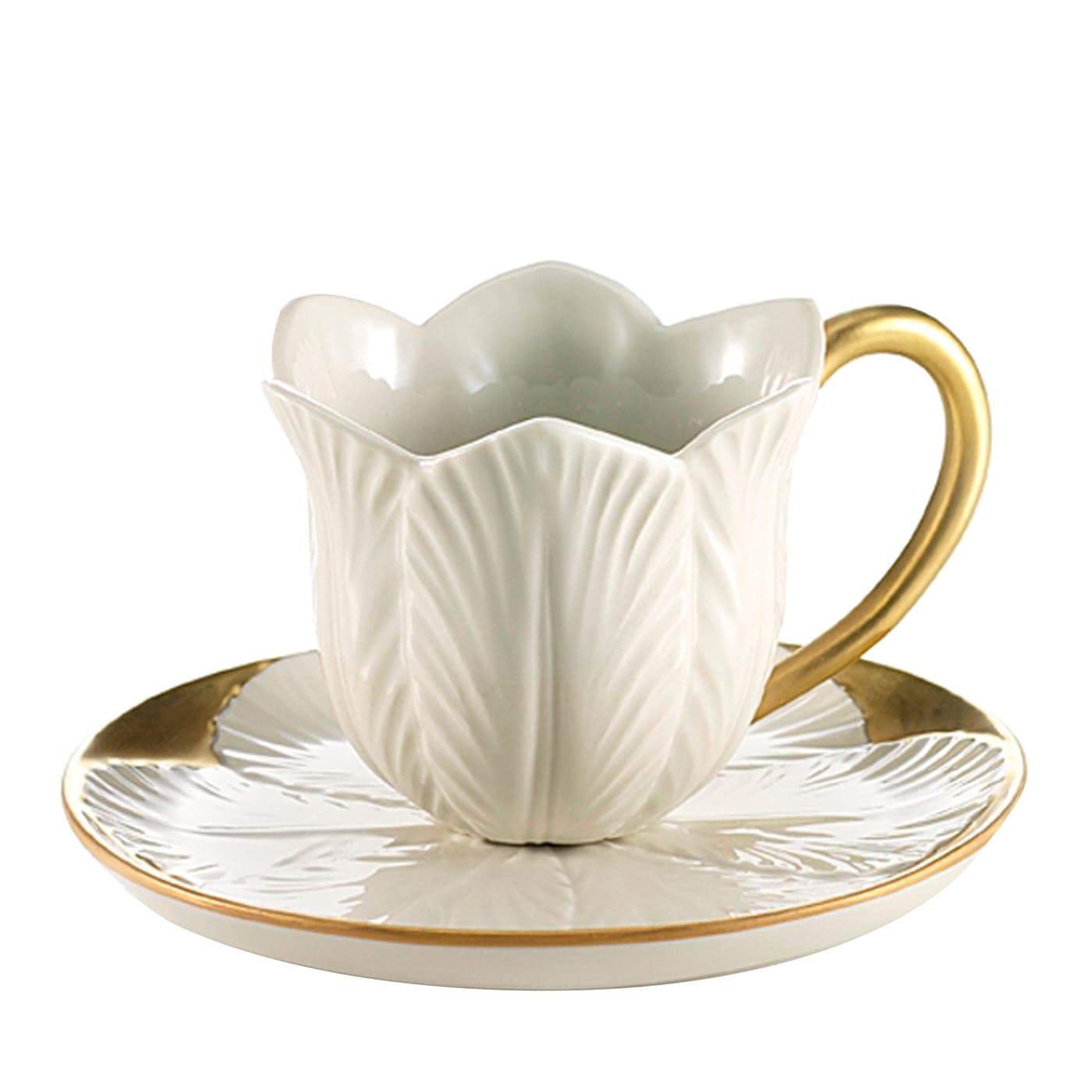 fine porcelain teacup with sculpted gold ring handle
