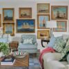 framed art gallery wall above walnut sideboard