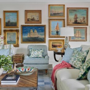 framed art gallery wall above walnut sideboard