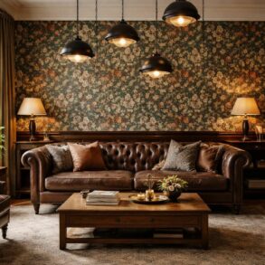 leather chesterfield sofa william morris wallpaper