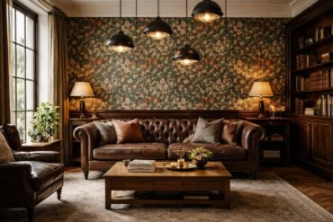 leather chesterfield sofa william morris wallpaper
