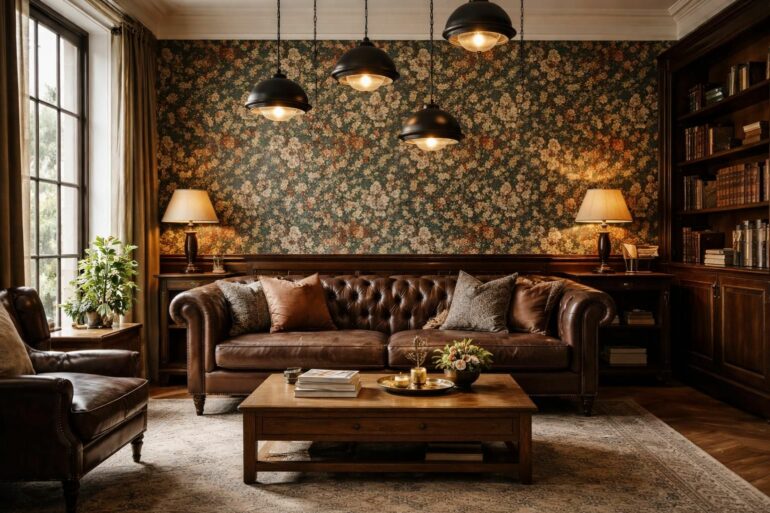 leather chesterfield sofa william morris wallpaper