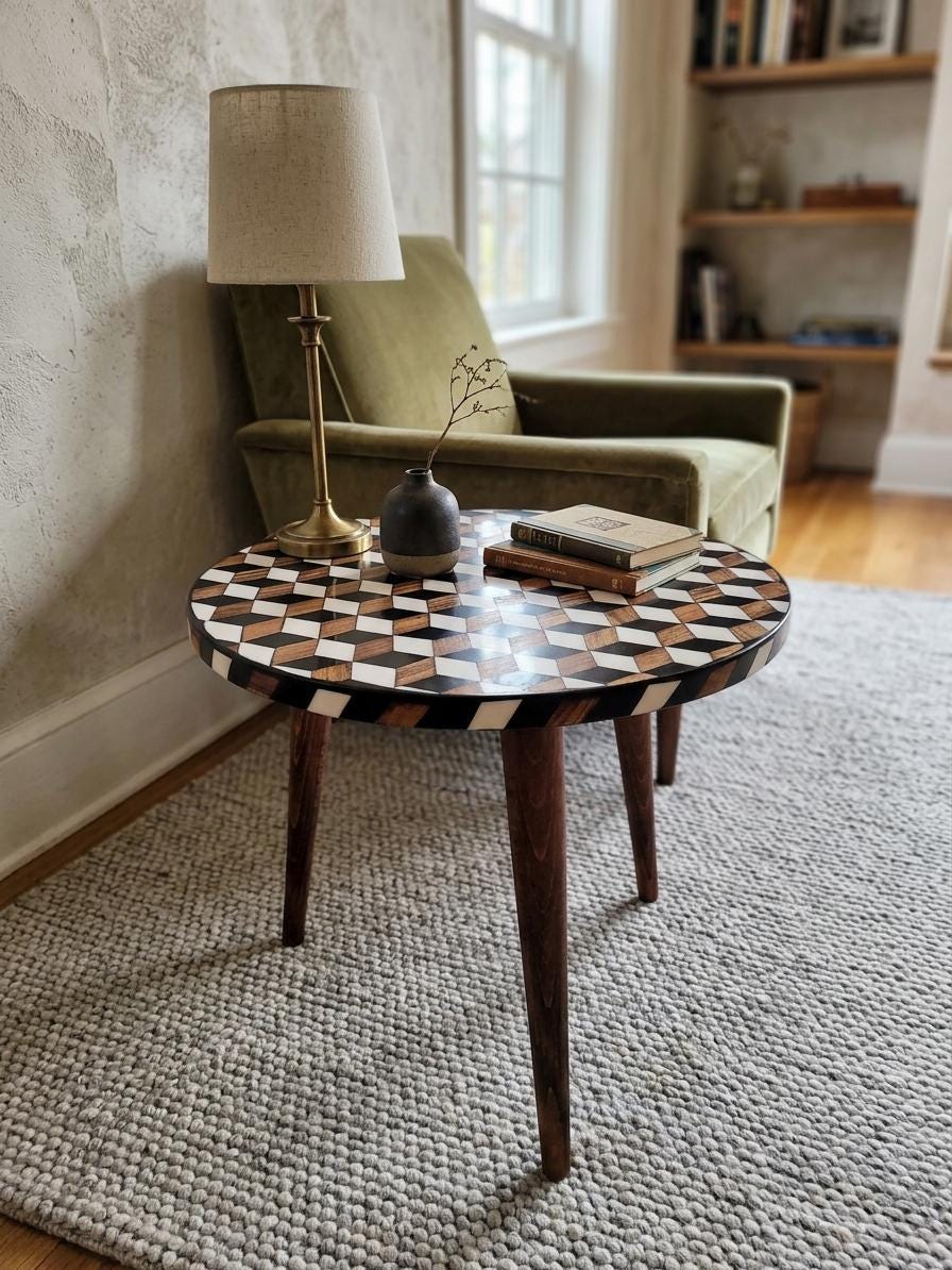 modern moroccan carved walnut and brass coffee table