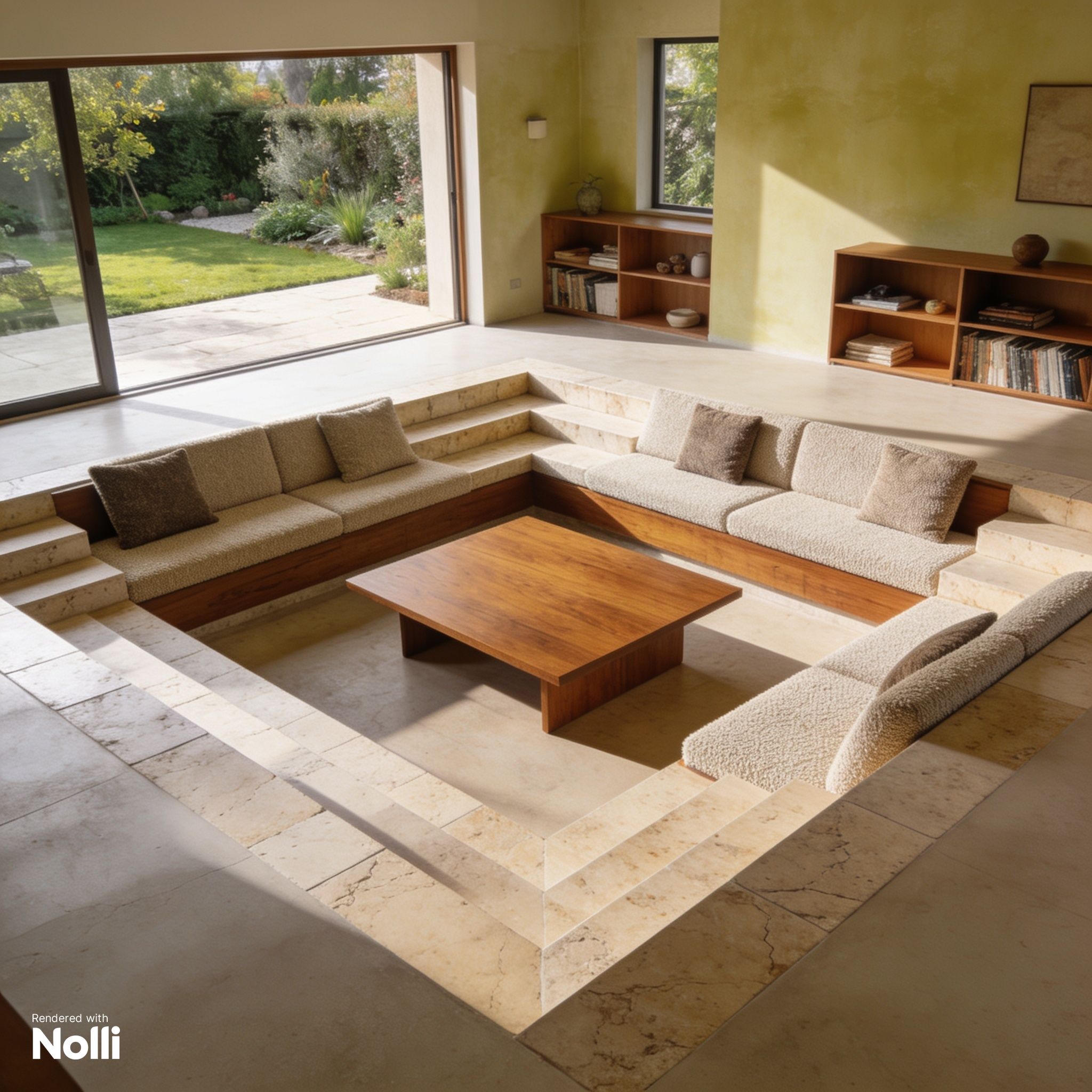 modern travertine sunken living room with white boucle