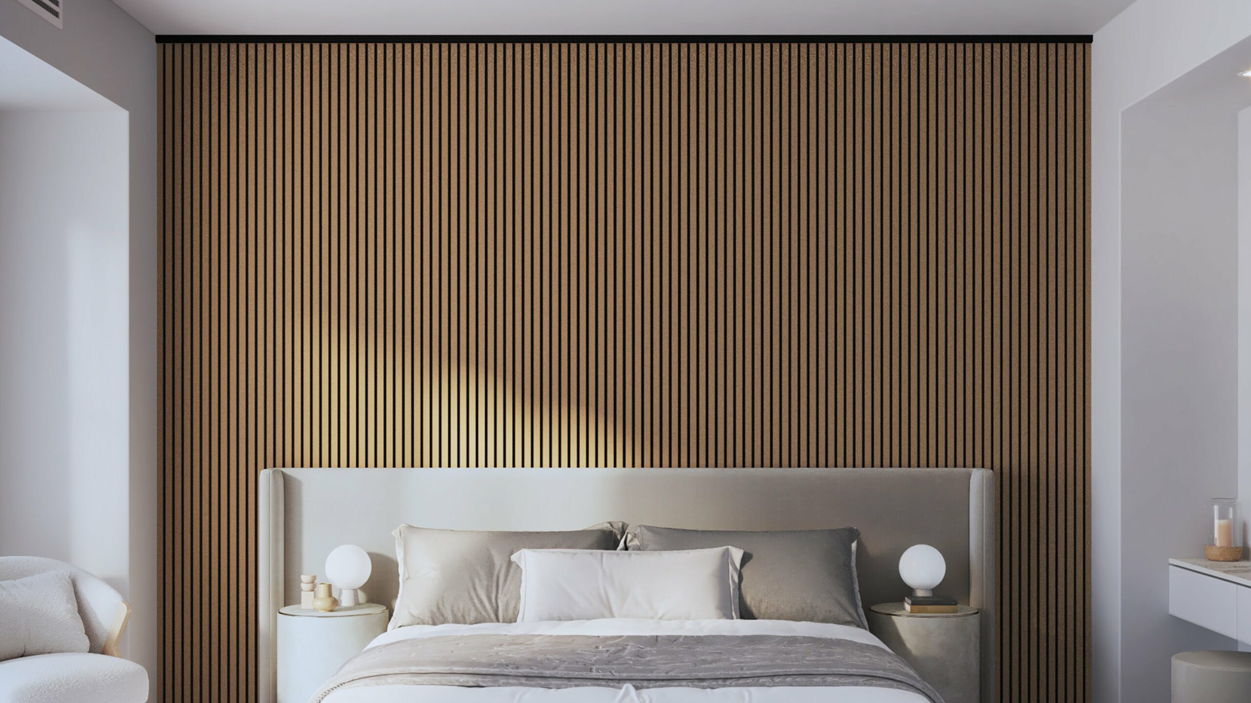 Polished walnut wood panel illuminated by modern sleek