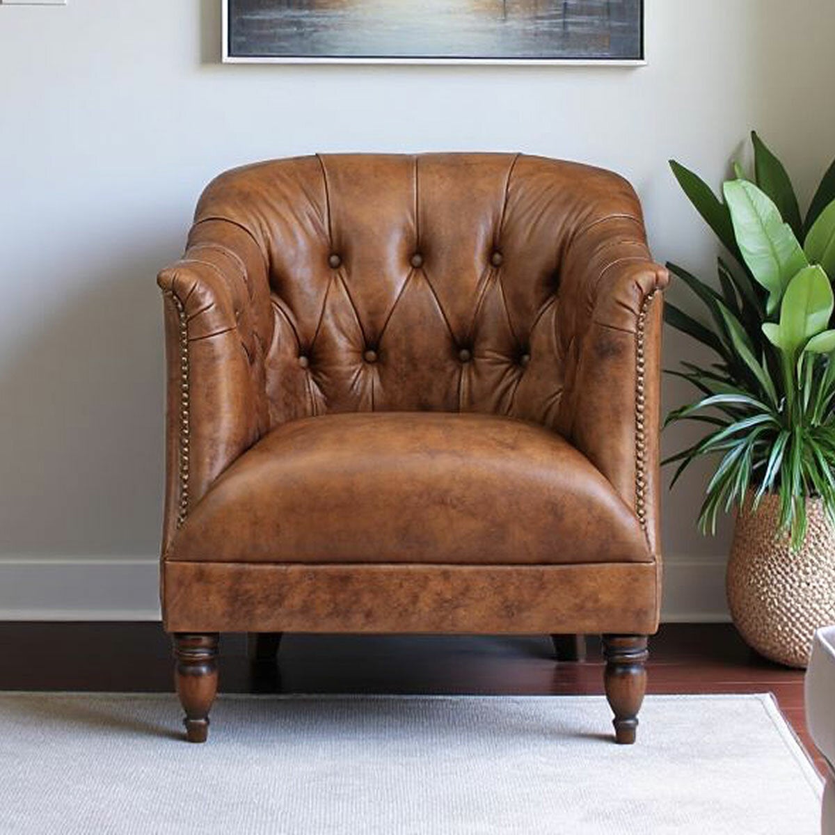 restored vintage leather armchair with a digital authentication