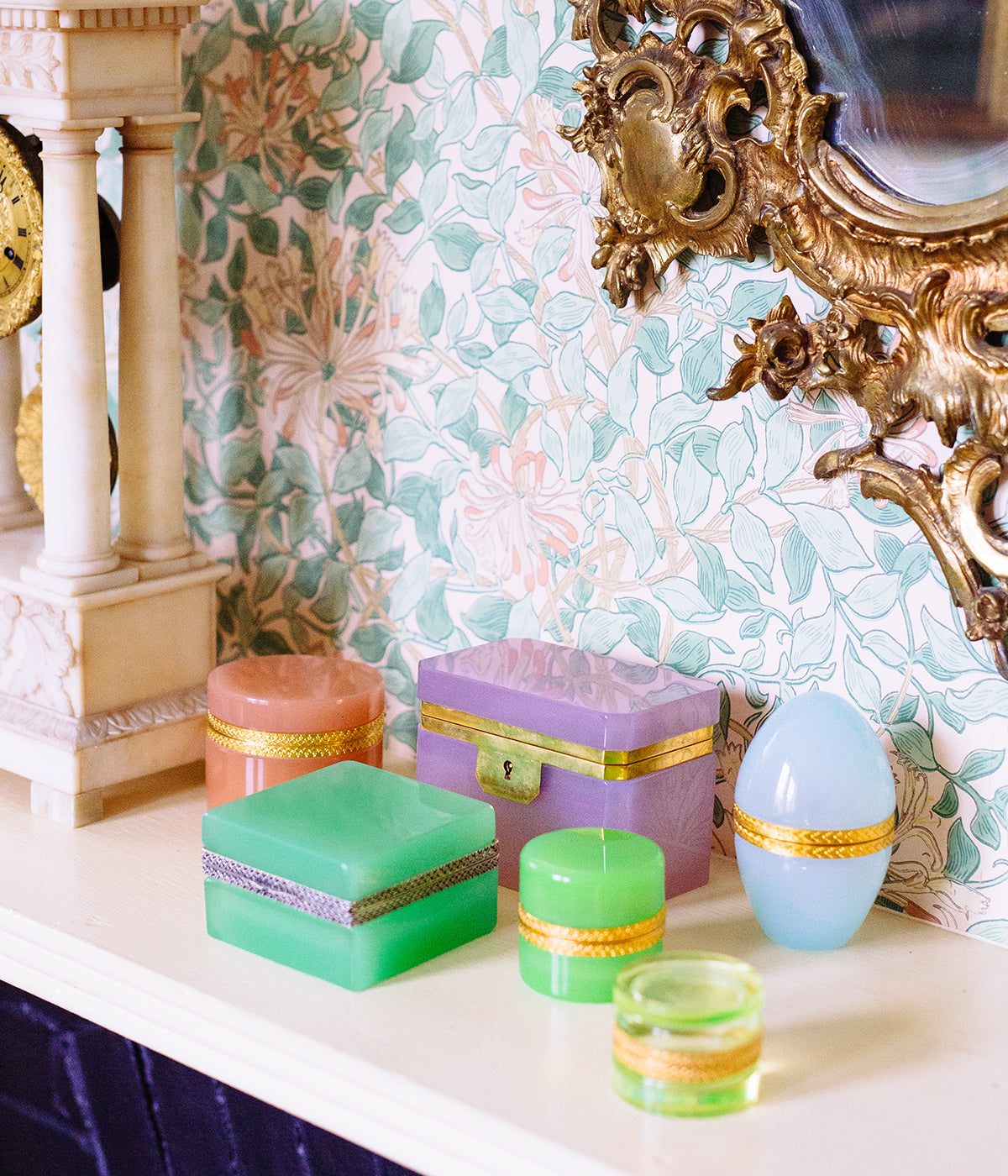 turquoise blue floral wallpaper with vintage opaline glass