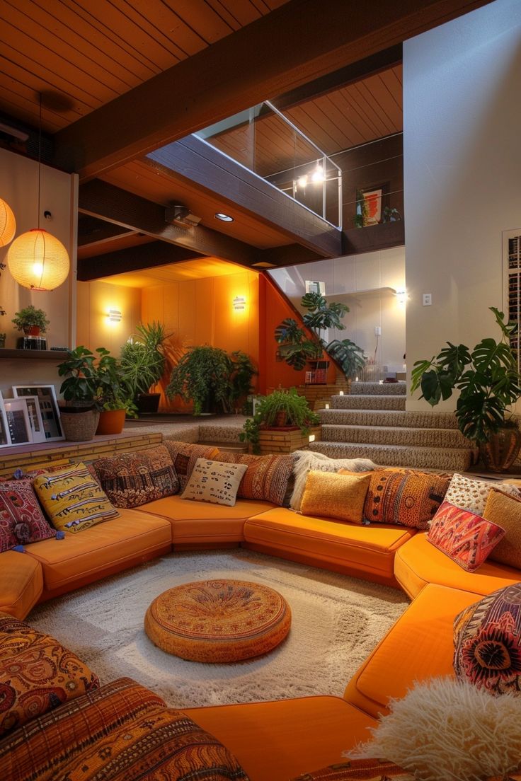 vintage carpeted conversation pit with orange velvet built-in