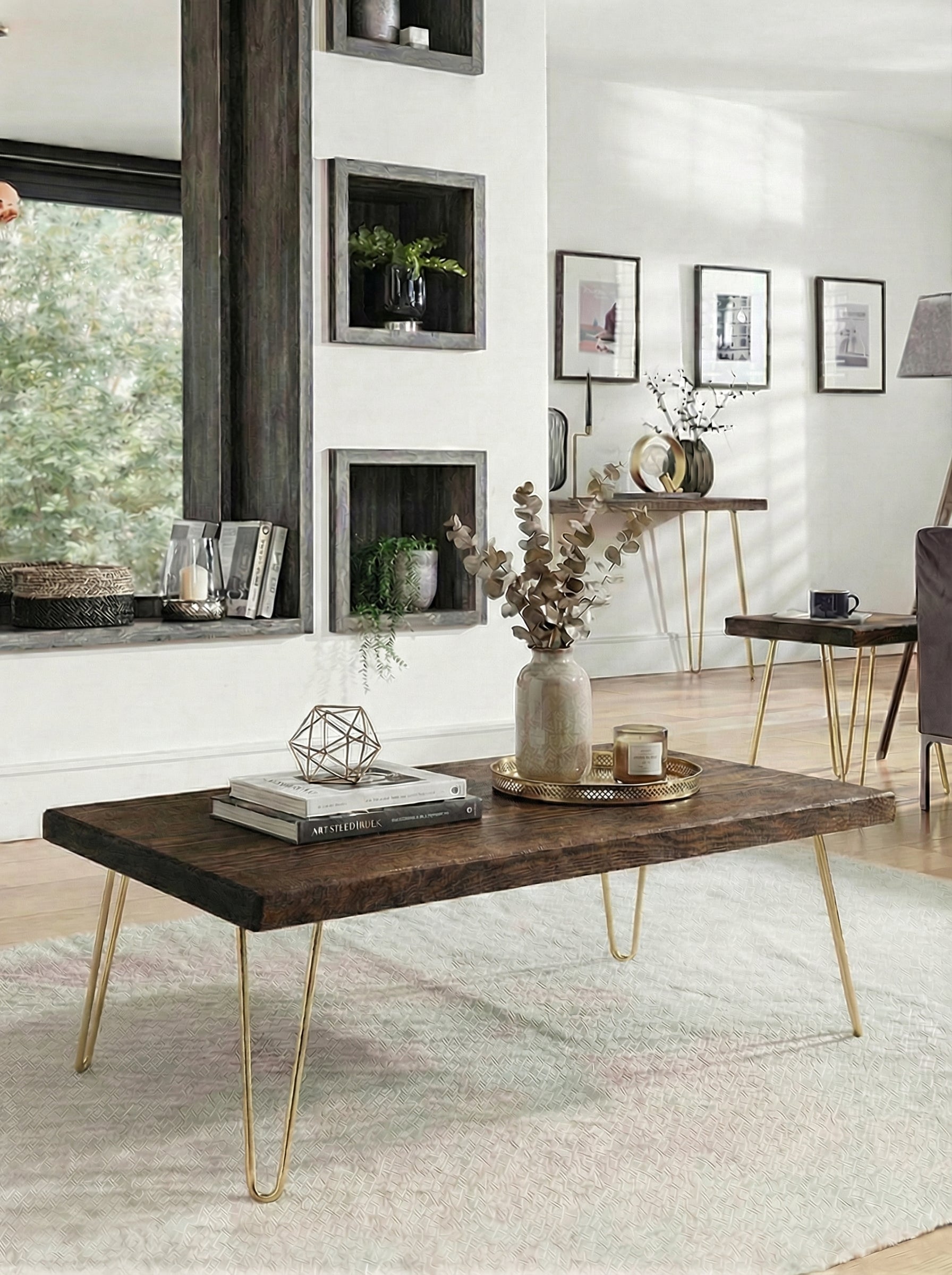 walnut coffee table with metal hairpin legs