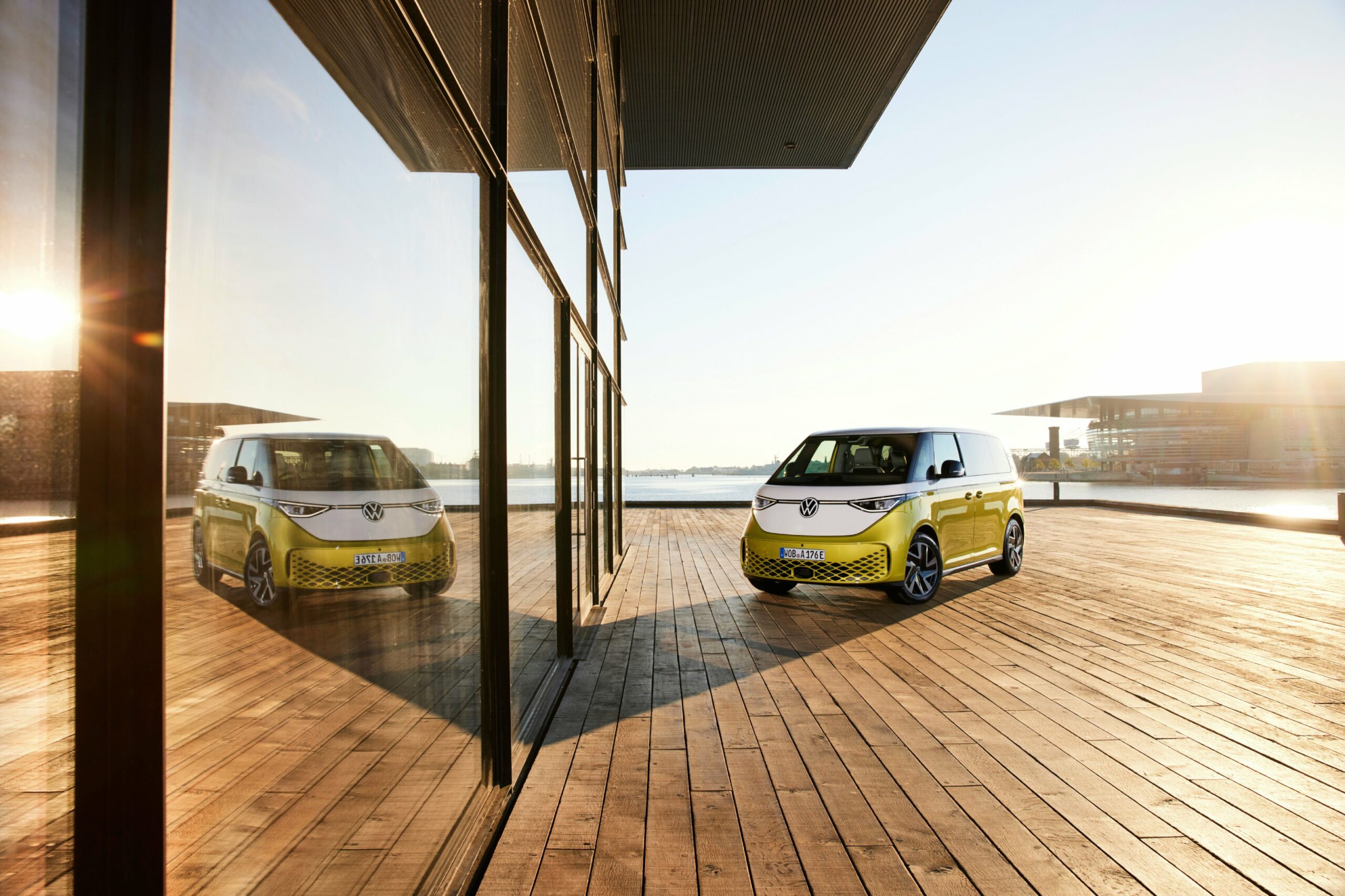 yellow and white Volkswagen ID. Buzz parked at