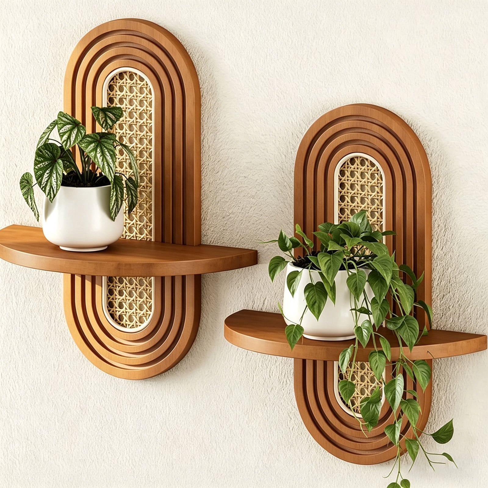 backlit floating walnut wood shelves with art books and ceramic vases
