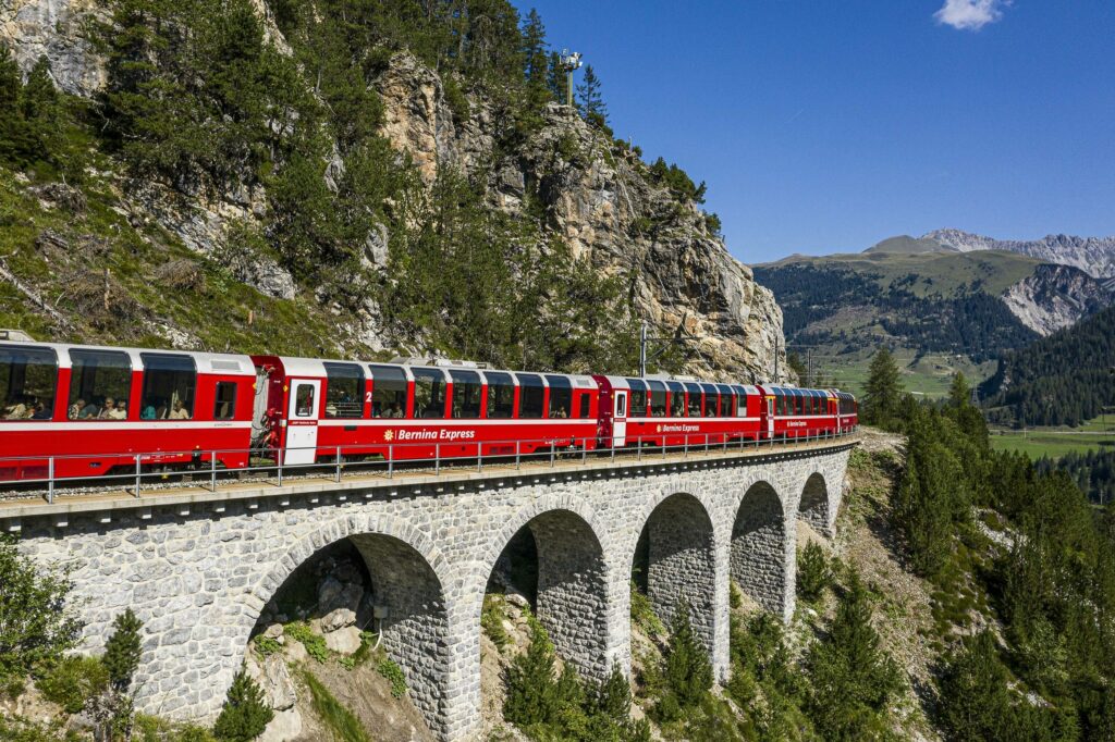 Bernina Express panoramic red train Alps