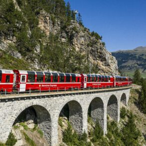 Bernina Express panoramic red train Alps