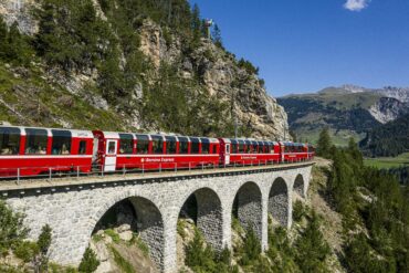 Bernina Express panoramic red train Alps