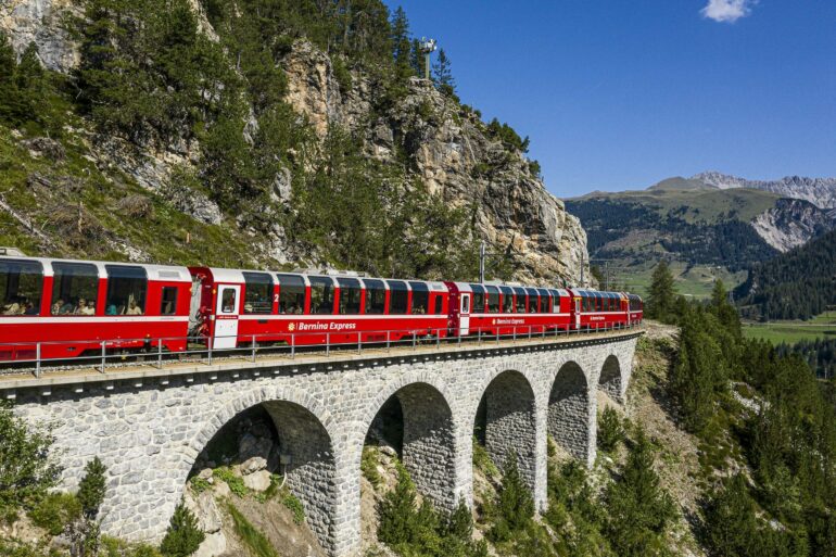 Bernina Express panoramic red train Alps