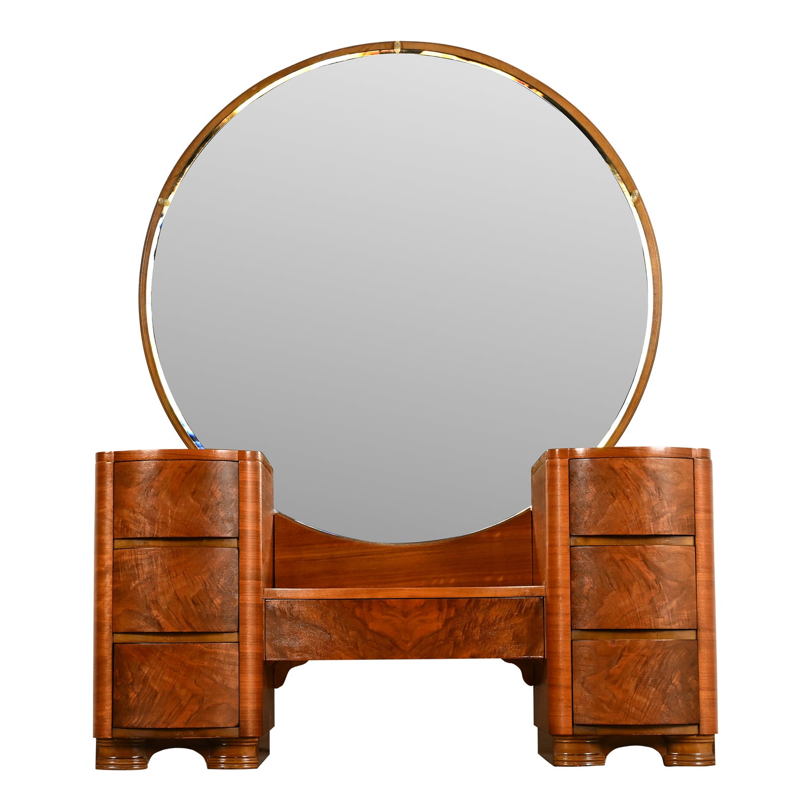 burl wood vanity table with round brass mirror