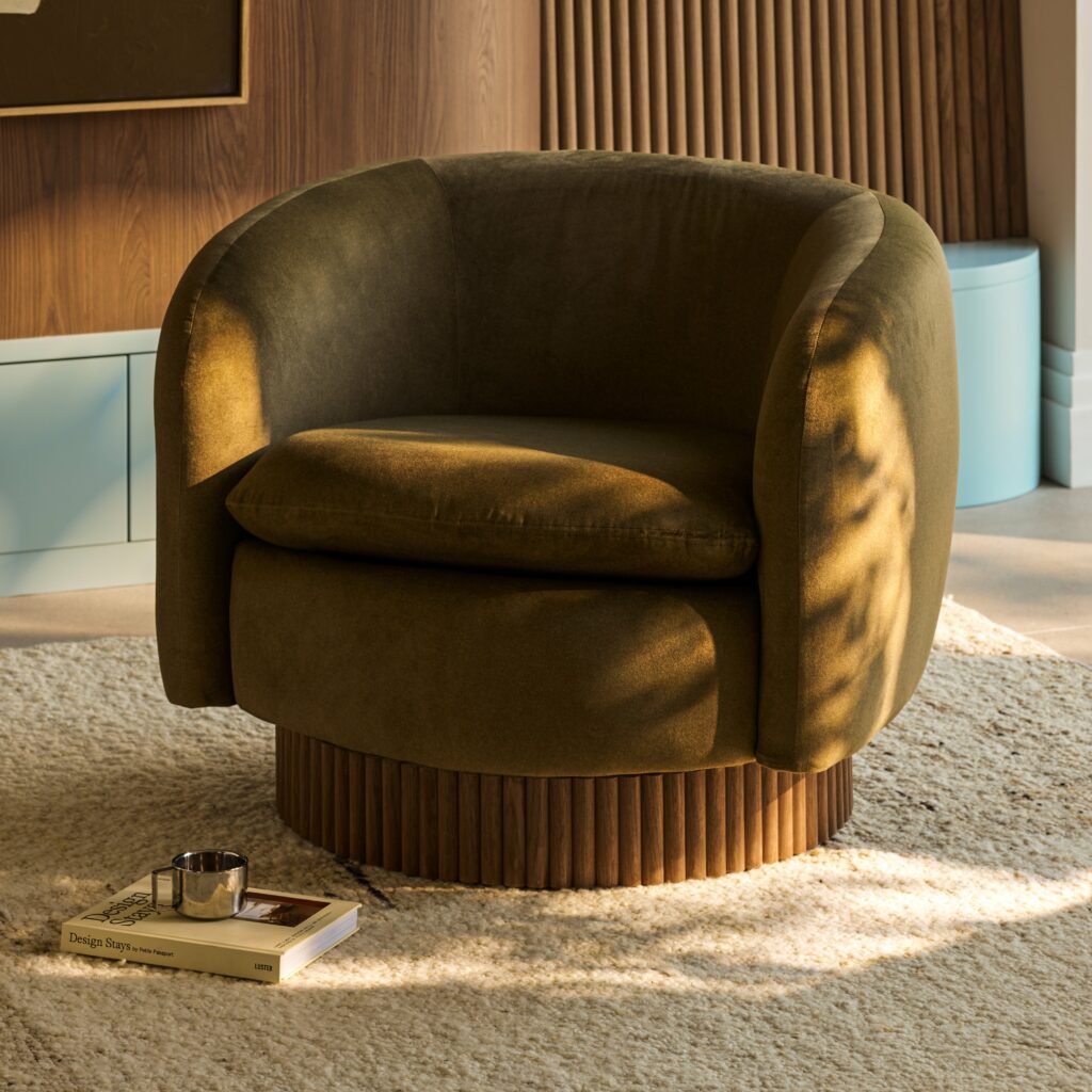contemporary boudoir fluted walnut paneling velvet armchair