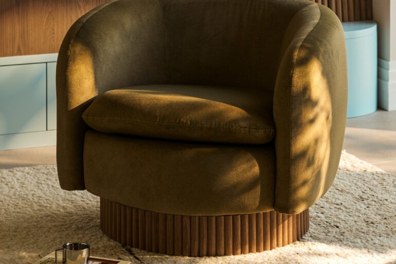 contemporary boudoir fluted walnut paneling velvet armchair