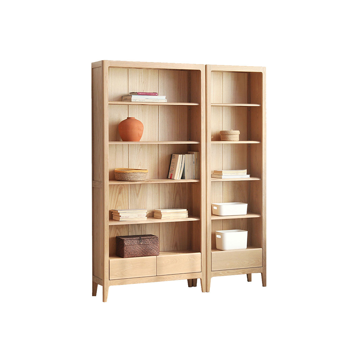 floor-to-ceiling solid oak custom bookshelf with sliding brass ladder