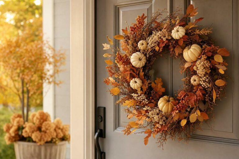 Luxury dried flower autumn wreath fireplace mantel 2026