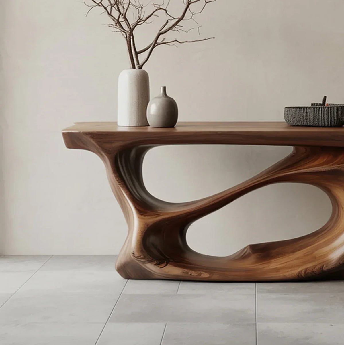 single raw ceramic vase on solid oak wood console table