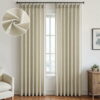 travertine console table raw linen curtains