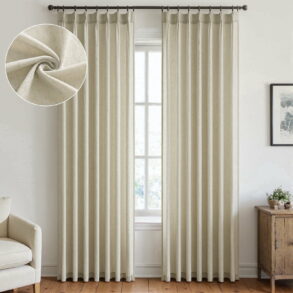 travertine console table raw linen curtains