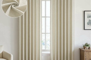 travertine console table raw linen curtains