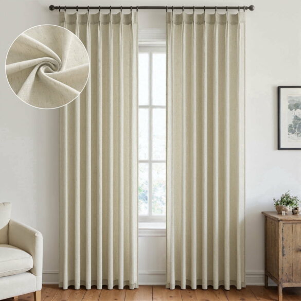 travertine console table raw linen curtains
