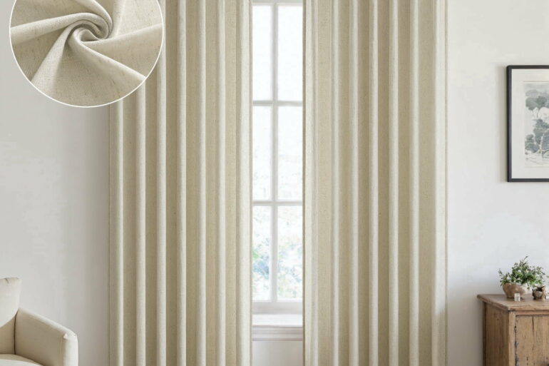 travertine console table raw linen curtains